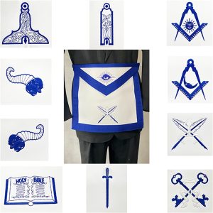 Masonic Officer Apron "Macoy's Finest" Set of 11 - Leather, Gold N/T w/ Royal Blue, Belt w/ C&T in Rosette, Choose 11 below
